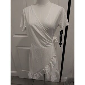 IFFEI White Eyelet Wrap Dress Ruffle Short Sleeve V Neck Midi Womens Small